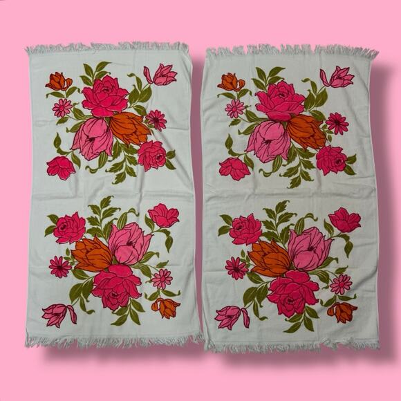 Vintage 60s Sun Glow Fuchsia Pink Orange Floral Bath Towel Set Pair Made in USA - Picture 2 of 13